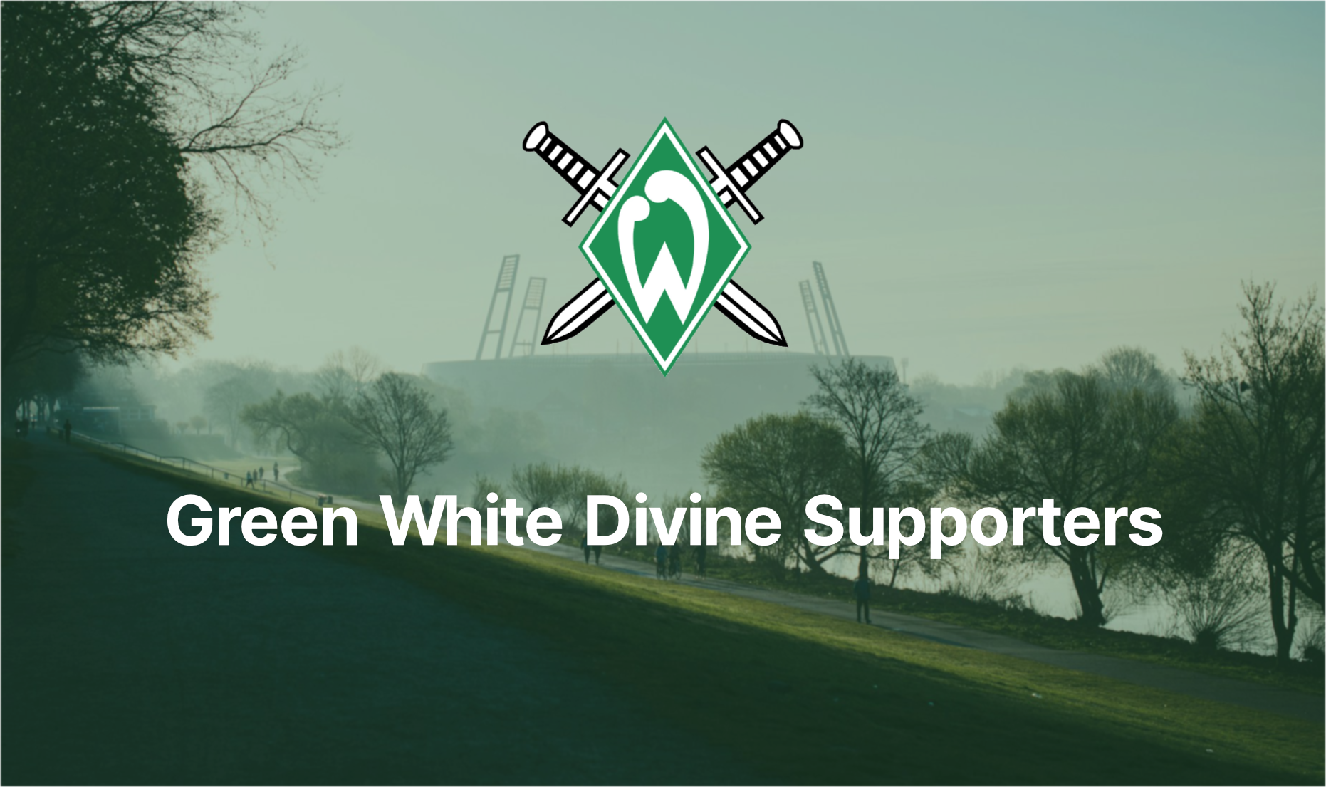 Banner mit dem Logo der Green White Divine Supporters im Hintergrund ist der Osterdeich und das Weserstadion zu sehen